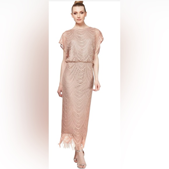 NWOT S.L. Fashions Women's Metallic Crochet Dress with Fringe Hemline. Size 8 - Picture 2 of 11